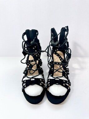 Size 12 Women’s Black Gladiator Caged Block Heel Sandals Lace Up Studded Heels